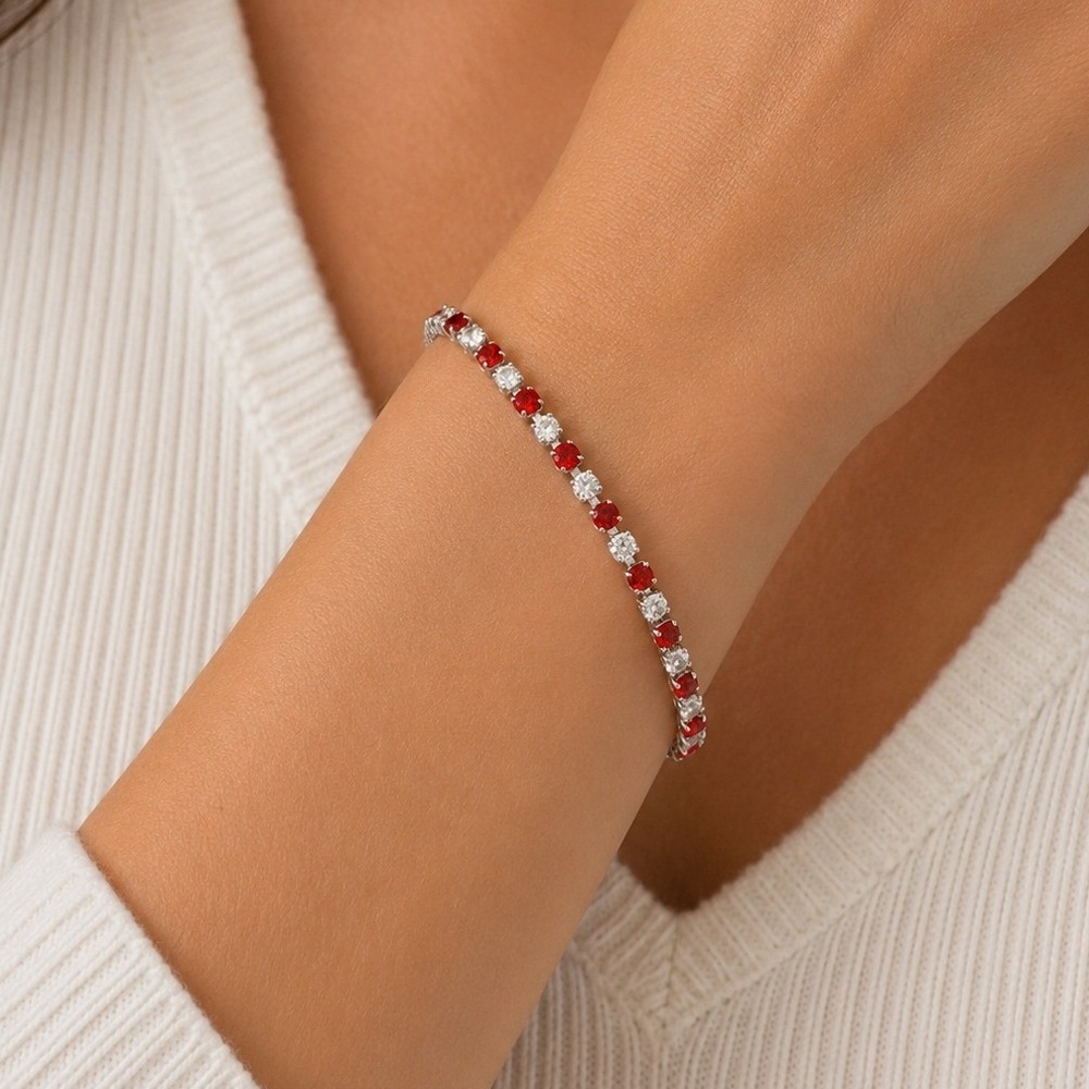 Vintage Tennis Bracelet Sterling Overlay‎ Made with Swarovski Red White Crystal